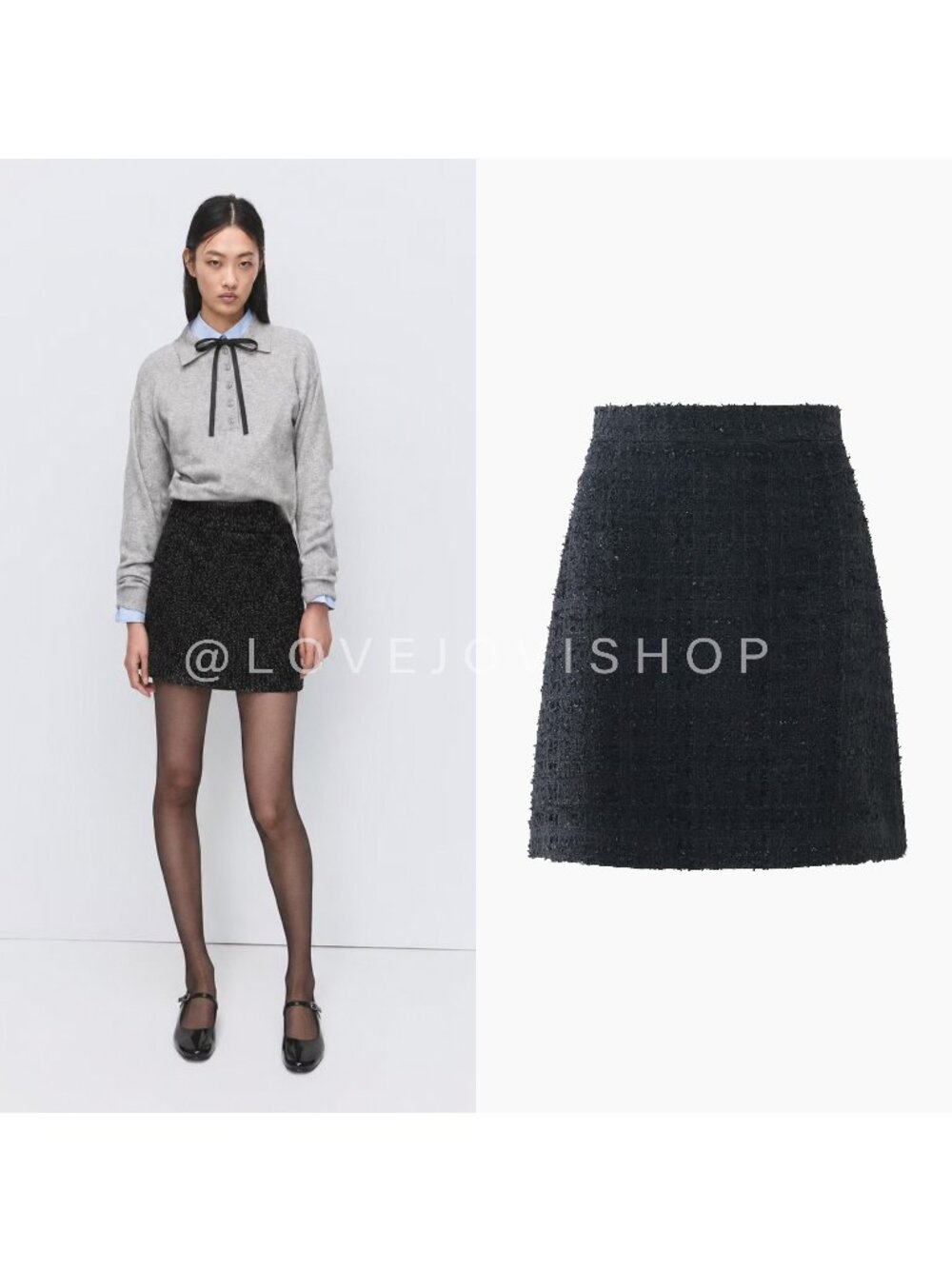 Academia | Zara Black Tweed Mini Skirt Classic Preppy Schoolgirl | Boucle | S